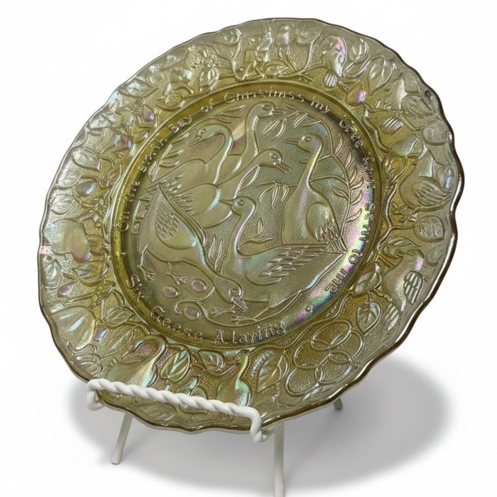 1975 Imperial Glass Six Geese A-Laying Marigold Carnival Glass Plate